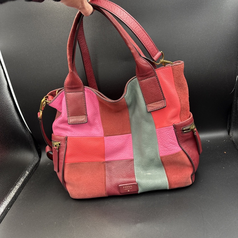 Fossil Womens Emerson Patchwork Satchel Red Pink Gray Leather ZB6961